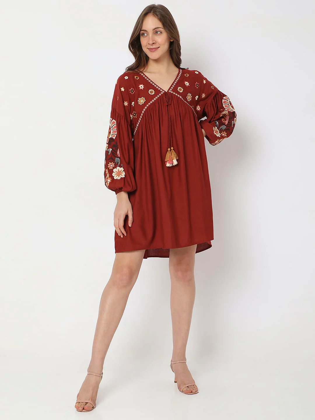 Maroon Embroidered Mini Dress - Image 5