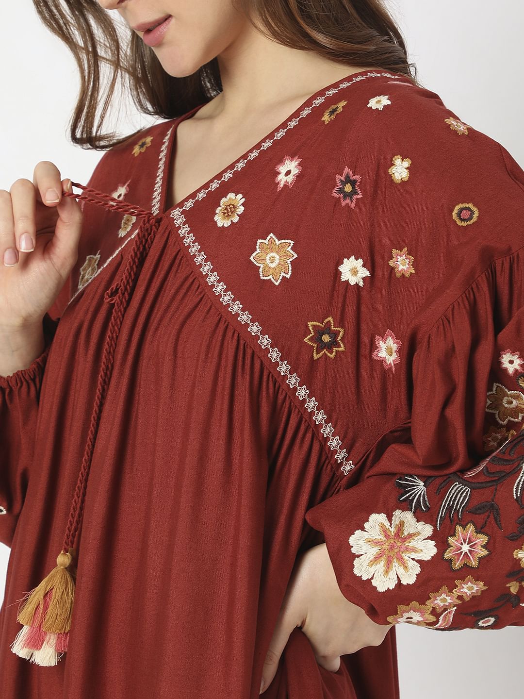 Maroon Embroidered Mini Dress - Image 6