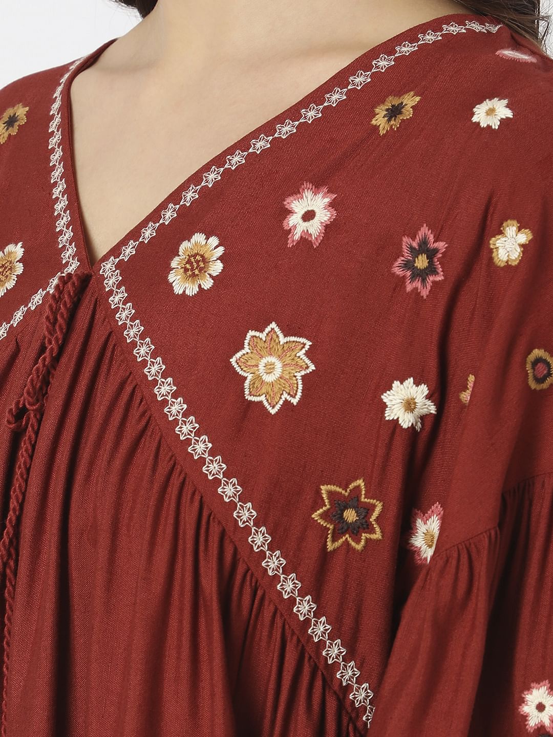 Maroon Embroidered Mini Dress - Image 8