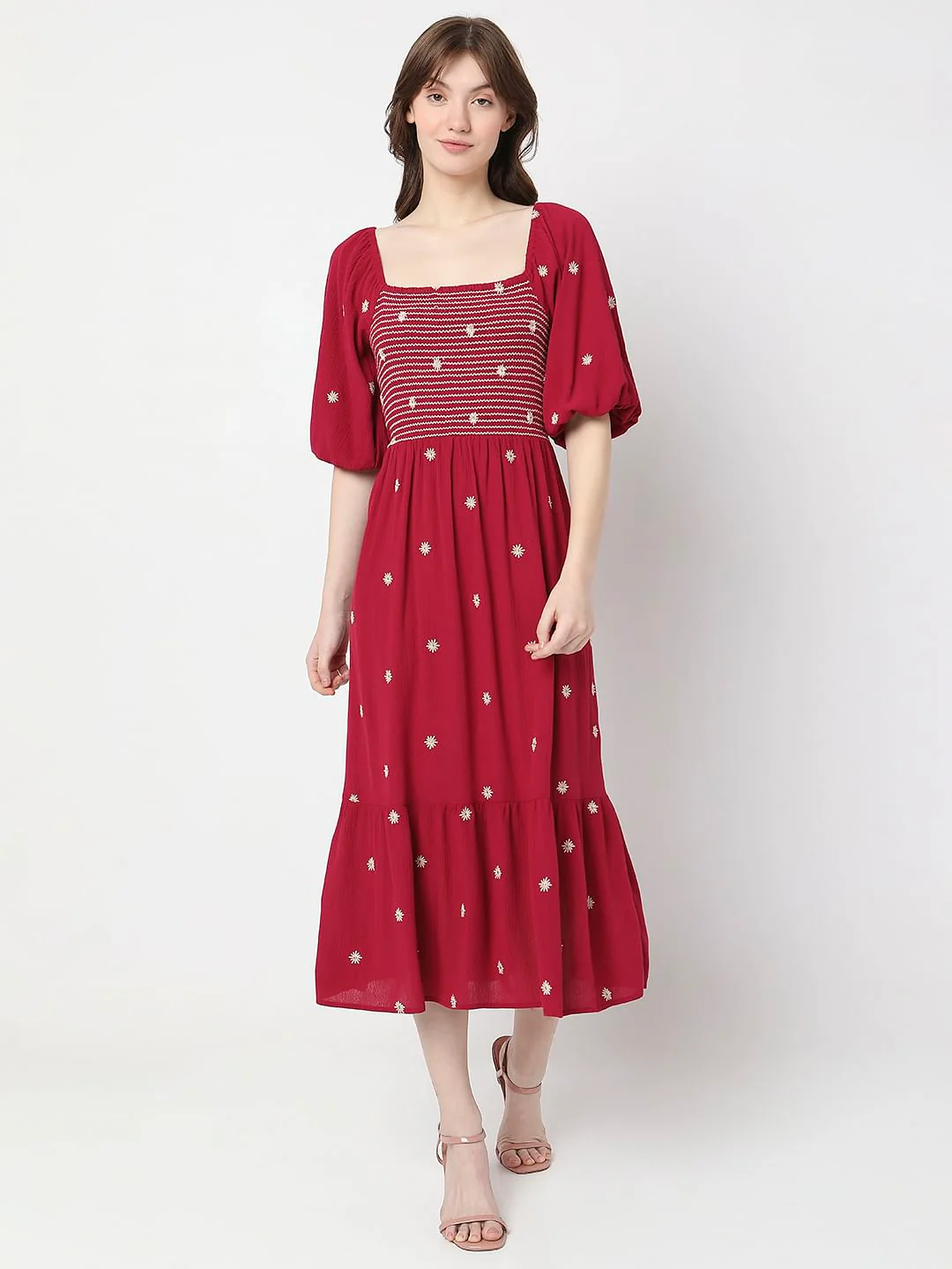Red Floral Embroidered Midi Dress - Image 2