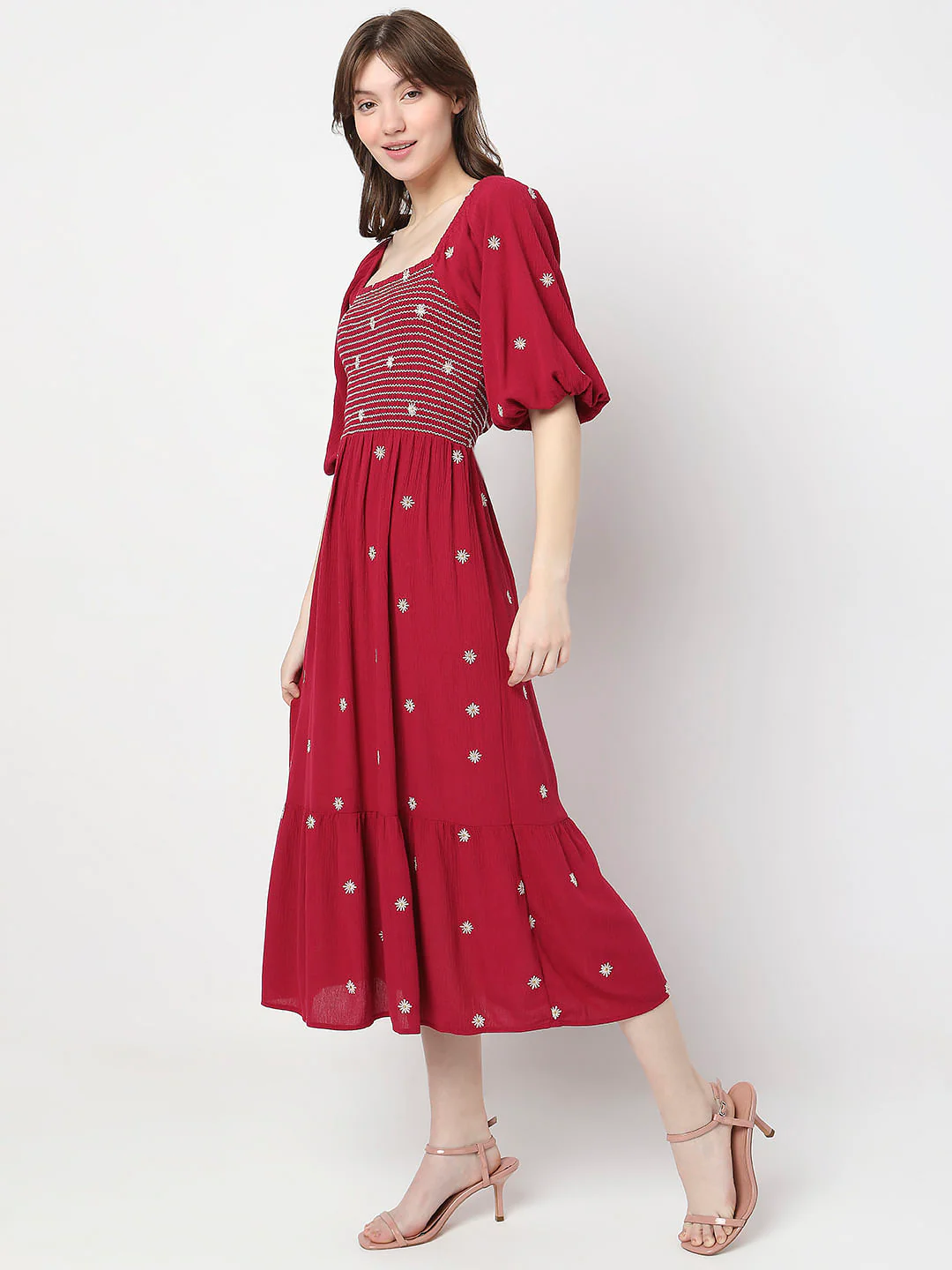 Red Floral Embroidered Midi Dress - Image 3