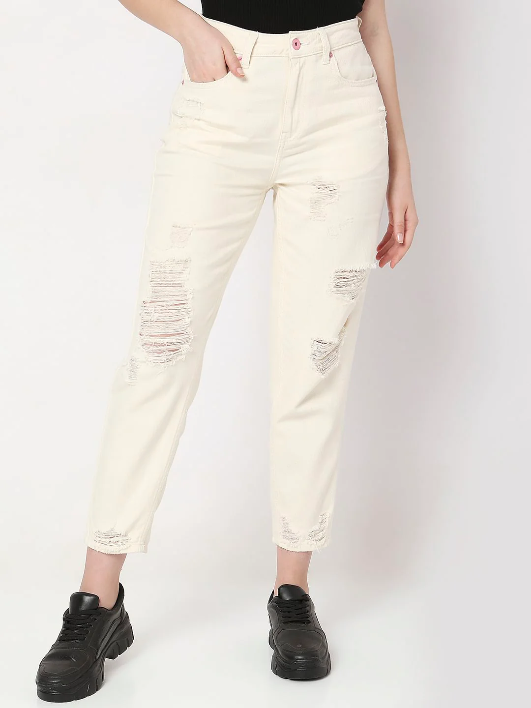 Off-White High Rise Distressed Straight Jeans - Image 2