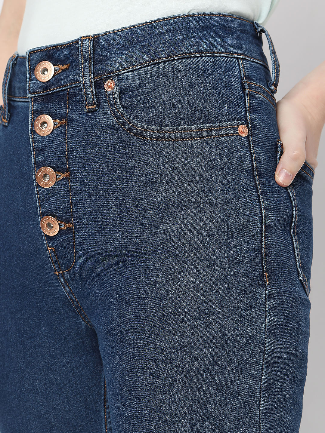 Blue High Rise Buttoned Petra Bootcut Jeans - Image 5