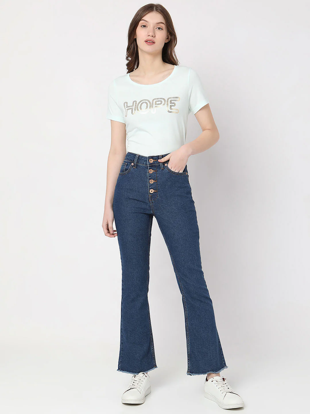Blue High Rise Buttoned Petra Bootcut Jeans - Image 6