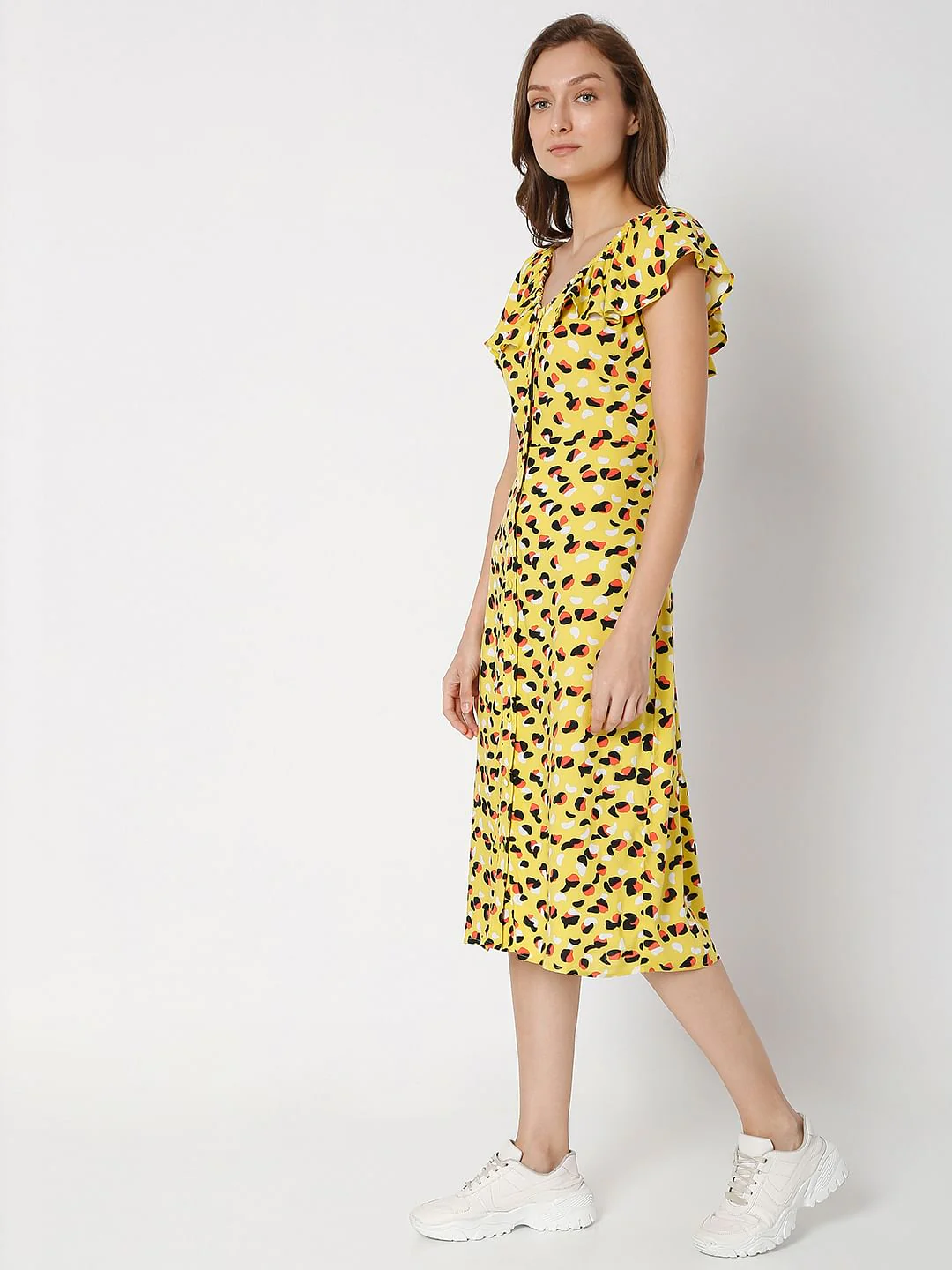 Yellow All Over Print Midi Dress - Image 3