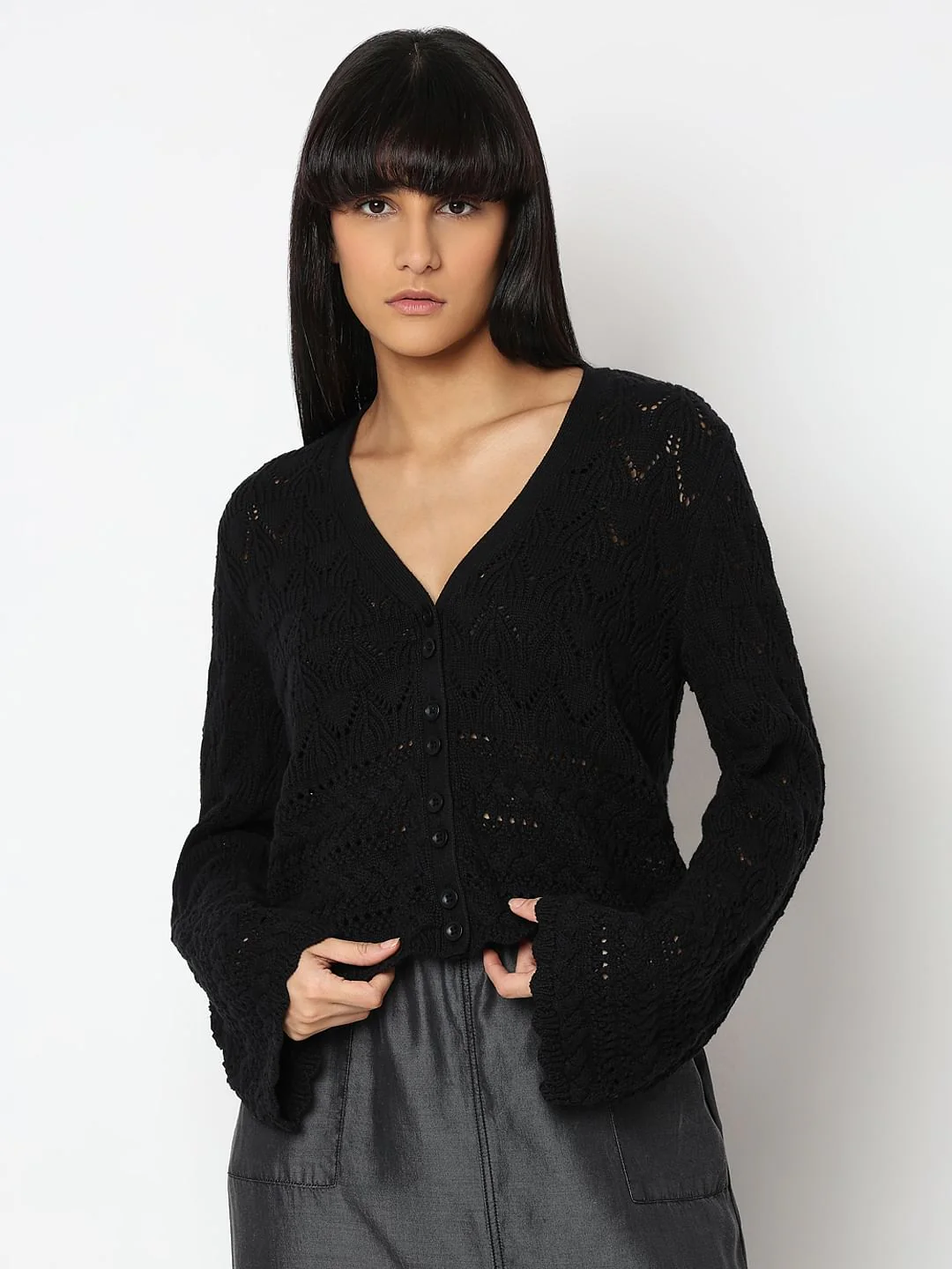 Black Pointelle Cardigan - Image 2