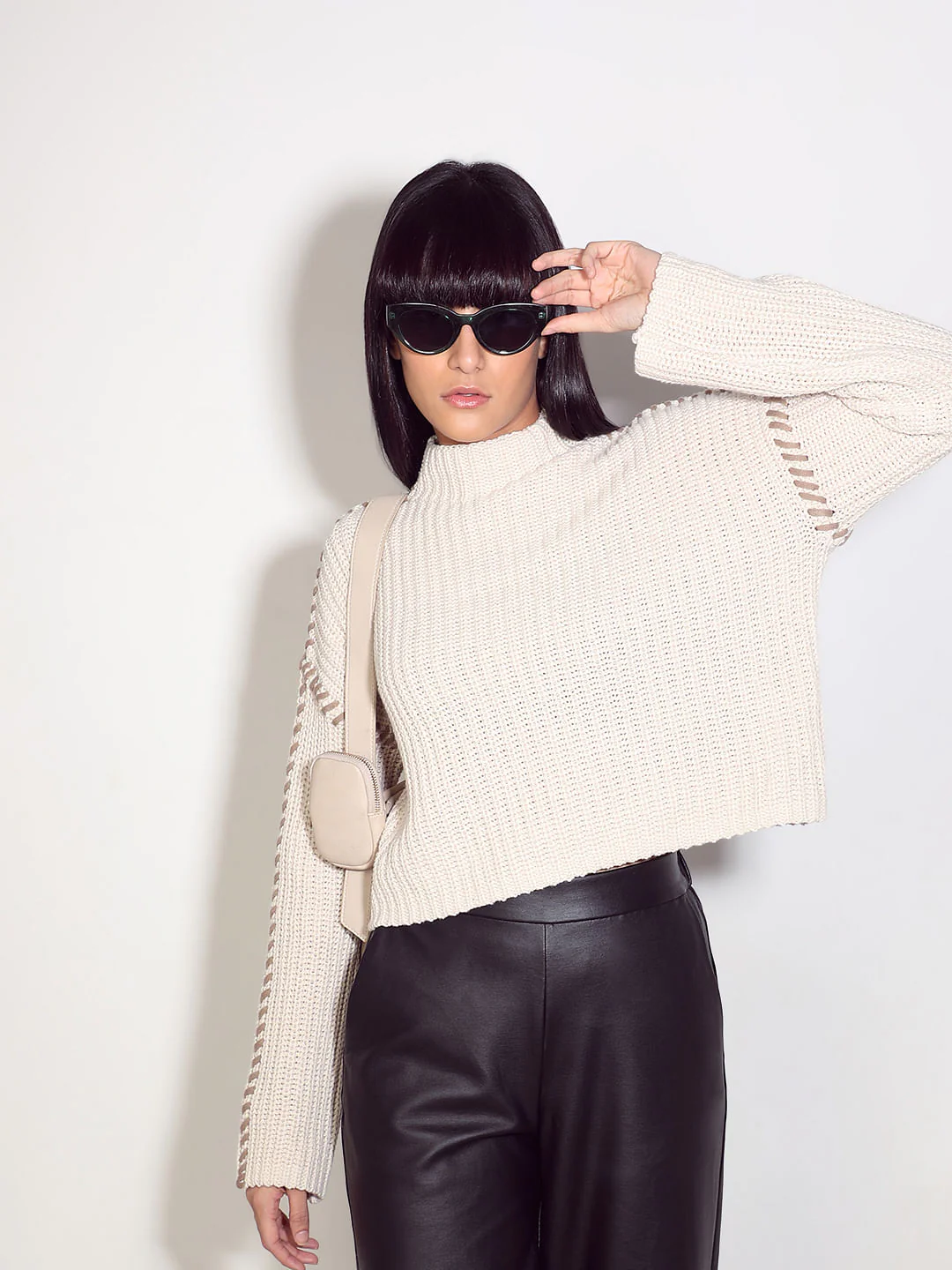 White Funnel Neck Pullover