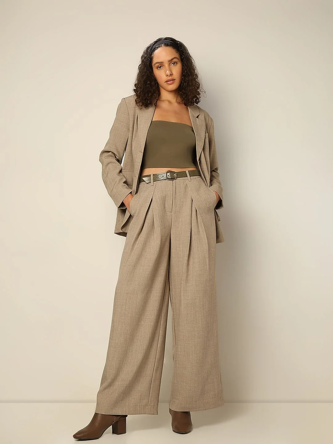Taupe Grey Box Pleat Co-Ord Set Pants