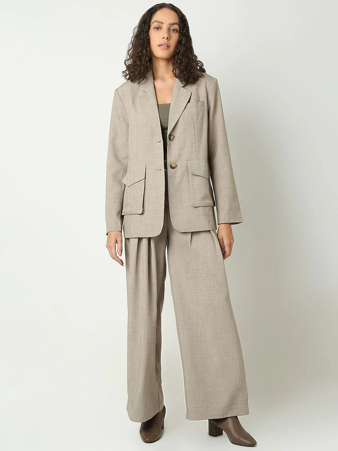 Taupe Grey Box Pleat Co-Ord Set Pants - Image 5