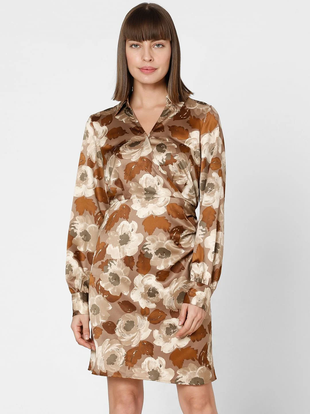 Brown Floral Print Mini Dress - Image 2