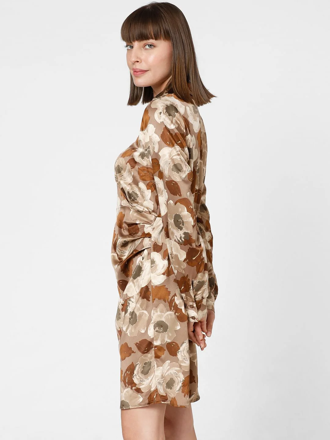 Brown Floral Print Mini Dress - Image 3