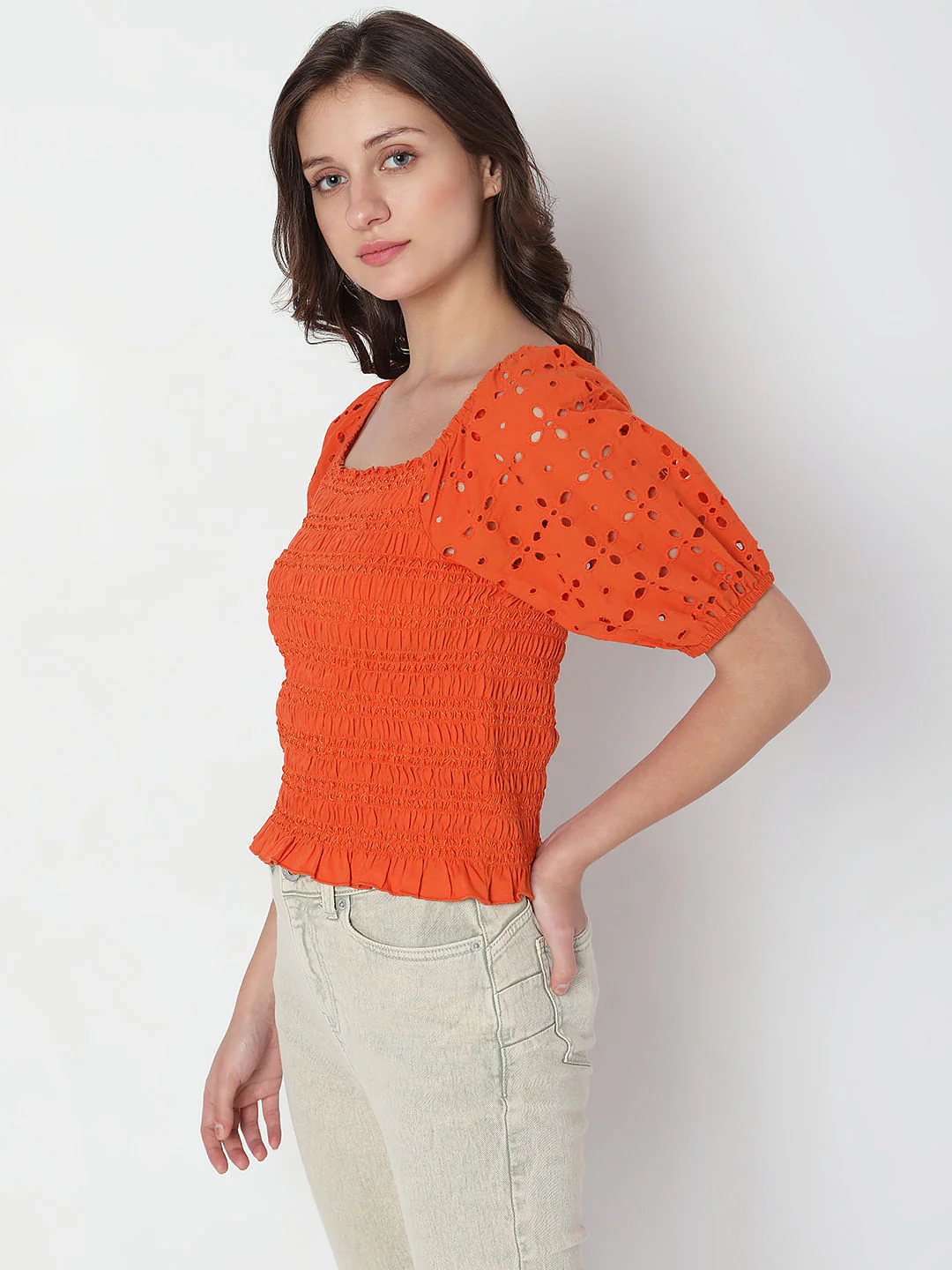 Rust Smocked Schiffli Top - Image 3