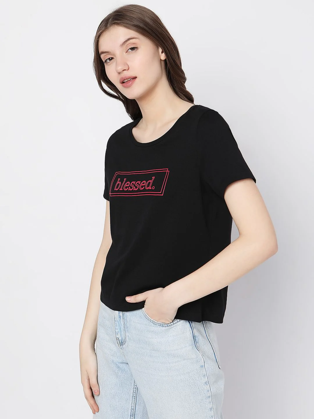 Black Text Print T-Shirt - Image 2
