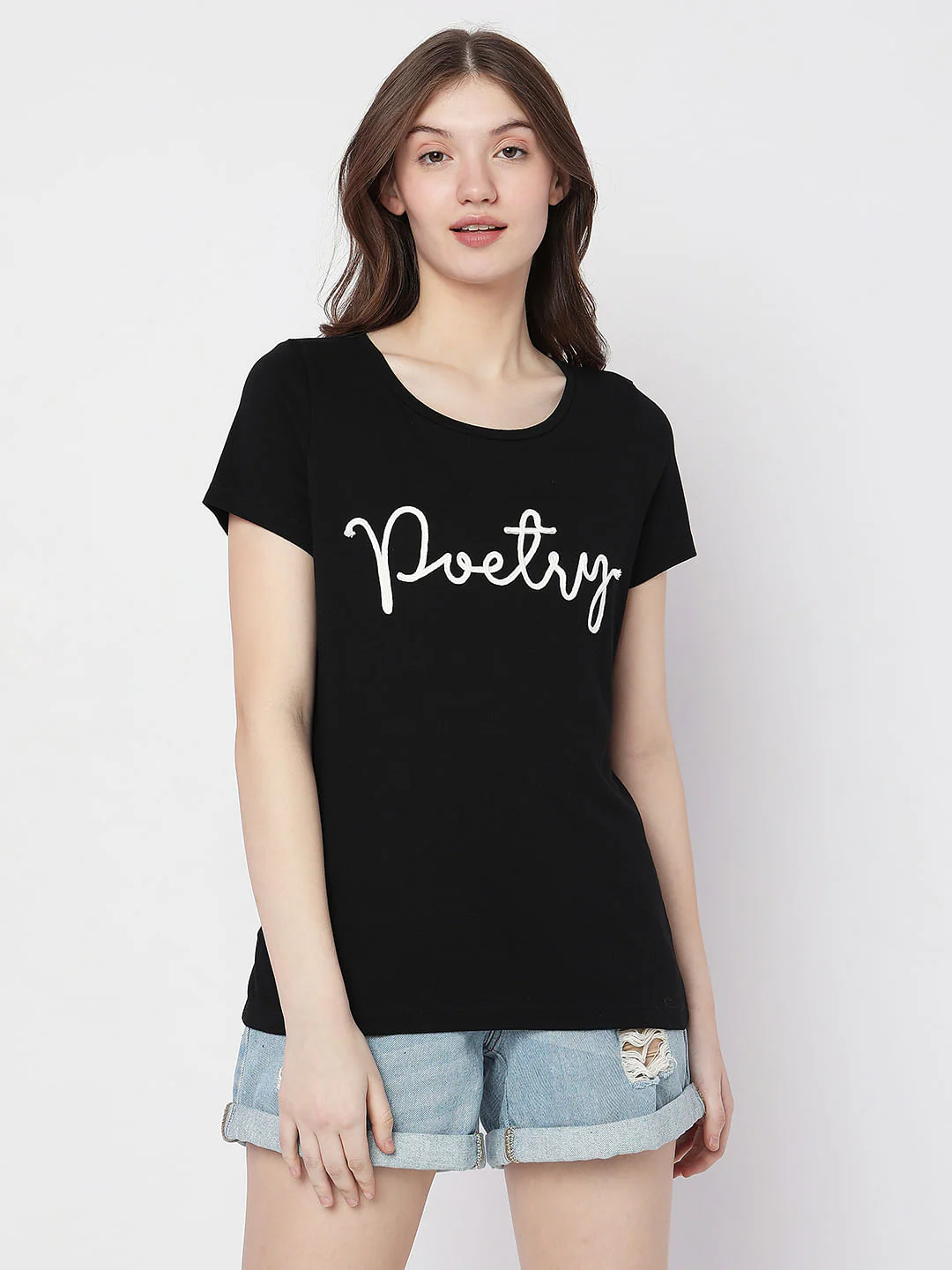 Black Embroidered Text T-Shirt - Image 2