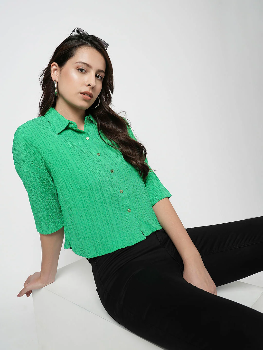 I.Scenery By Vero Moda Green Crinkle Weave Shirt