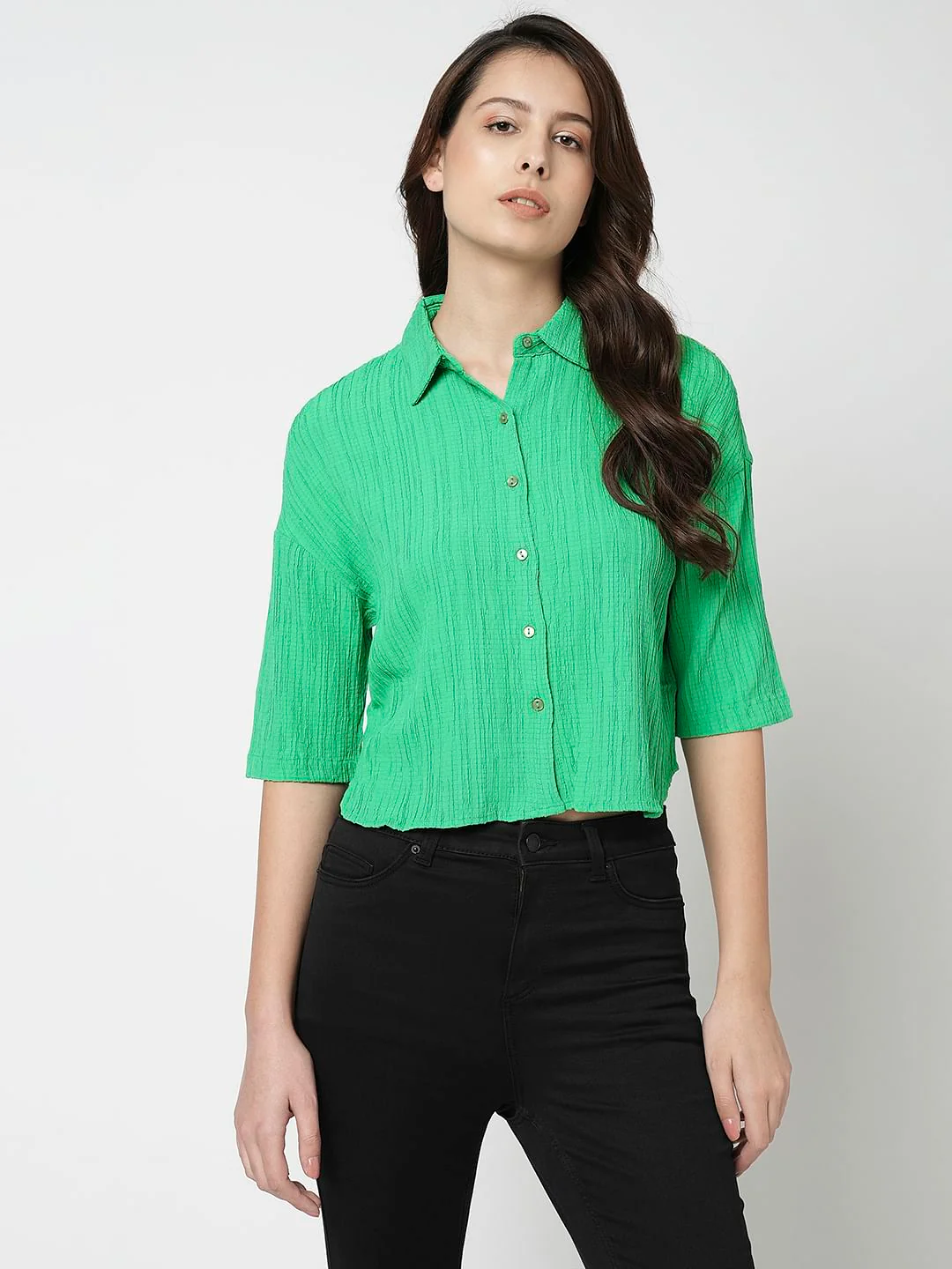 I.Scenery By Vero Moda Green Crinkle Weave Shirt - Image 2