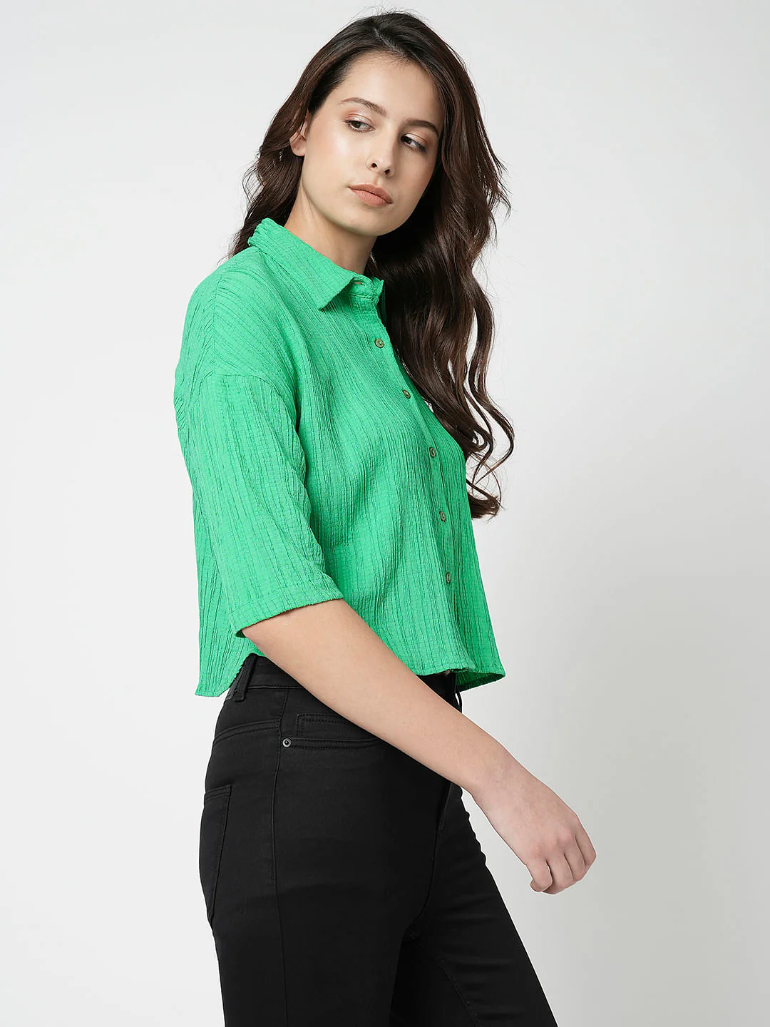 I.Scenery By Vero Moda Green Crinkle Weave Shirt - Image 3