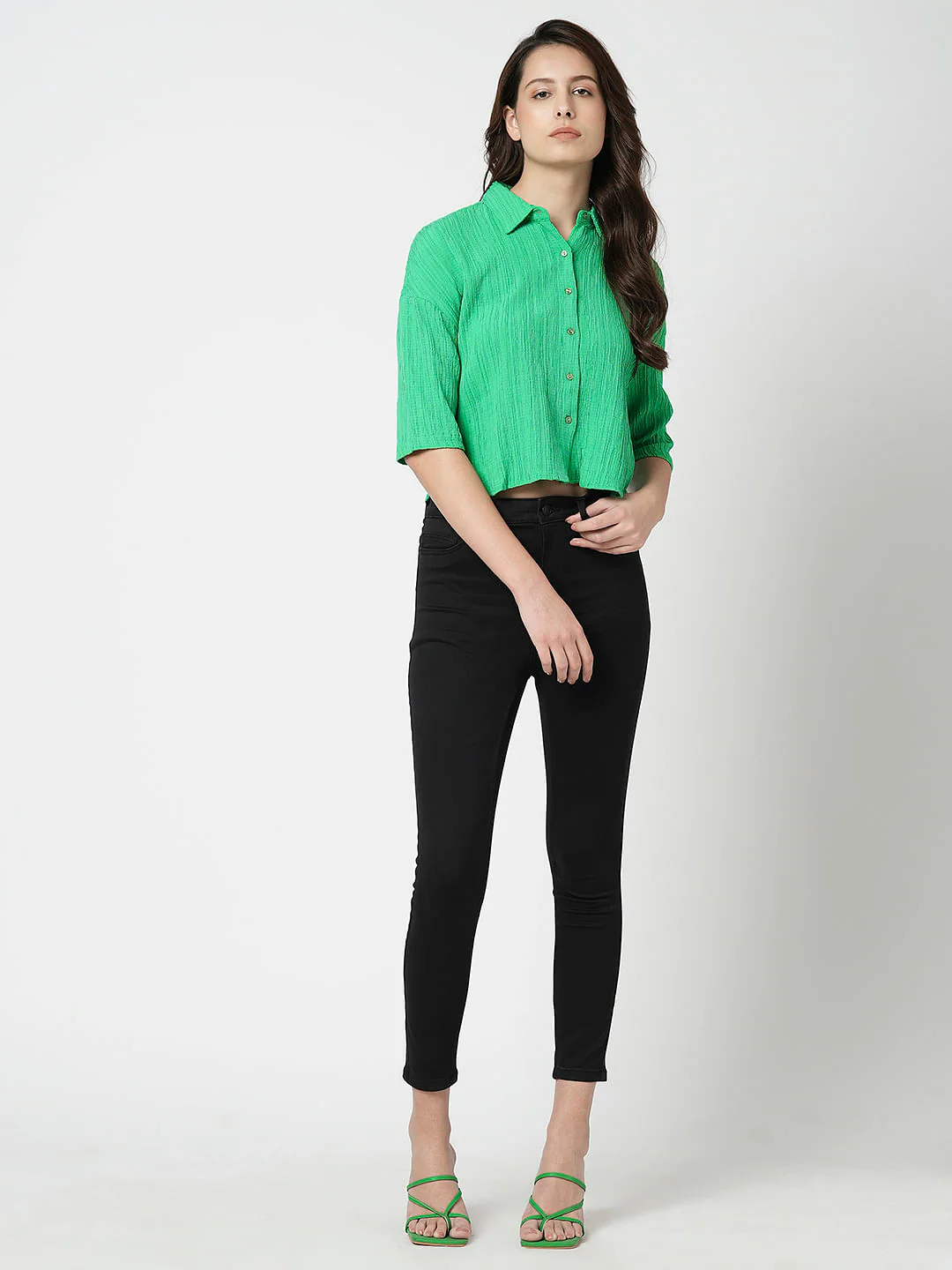 I.Scenery By Vero Moda Green Crinkle Weave Shirt - Image 5