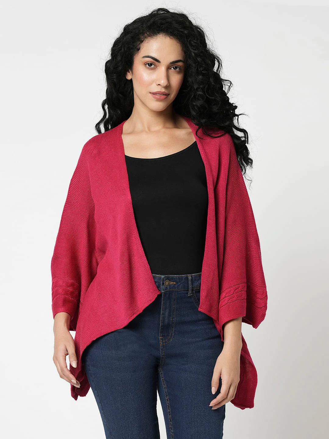 I.Scenery By Vero Moda Dark Pink Cable Knit Cape - Image 2
