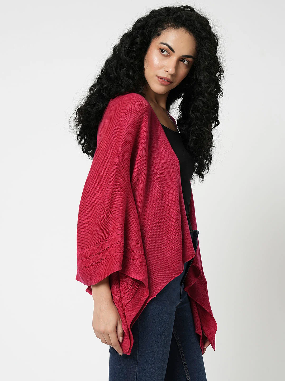I.Scenery By Vero Moda Dark Pink Cable Knit Cape - Image 3