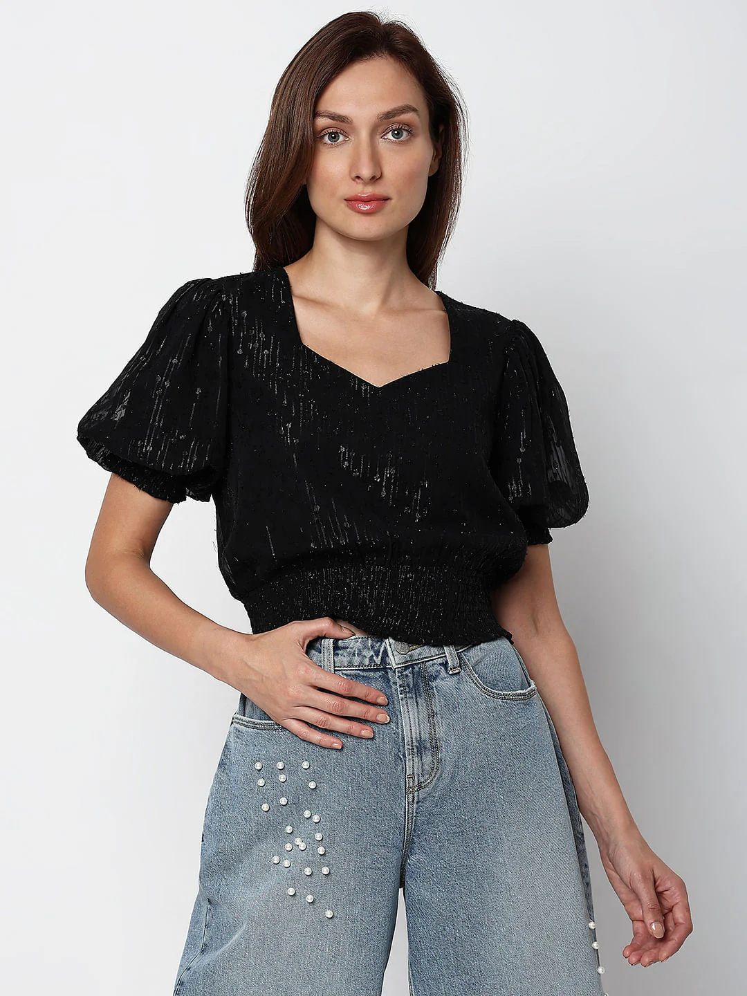 Black Textured Smocked Top - Image 2