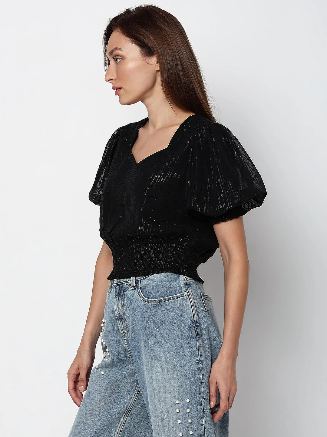 Black Textured Smocked Top - Image 3