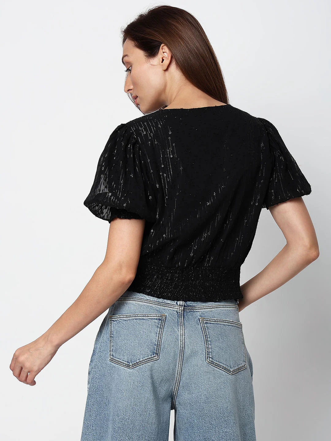 Black Textured Smocked Top - Image 4