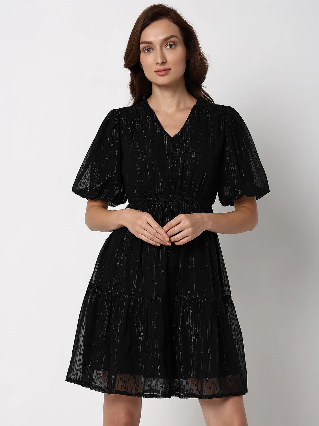 Black Textured Fit & Flare Dress - Image 2