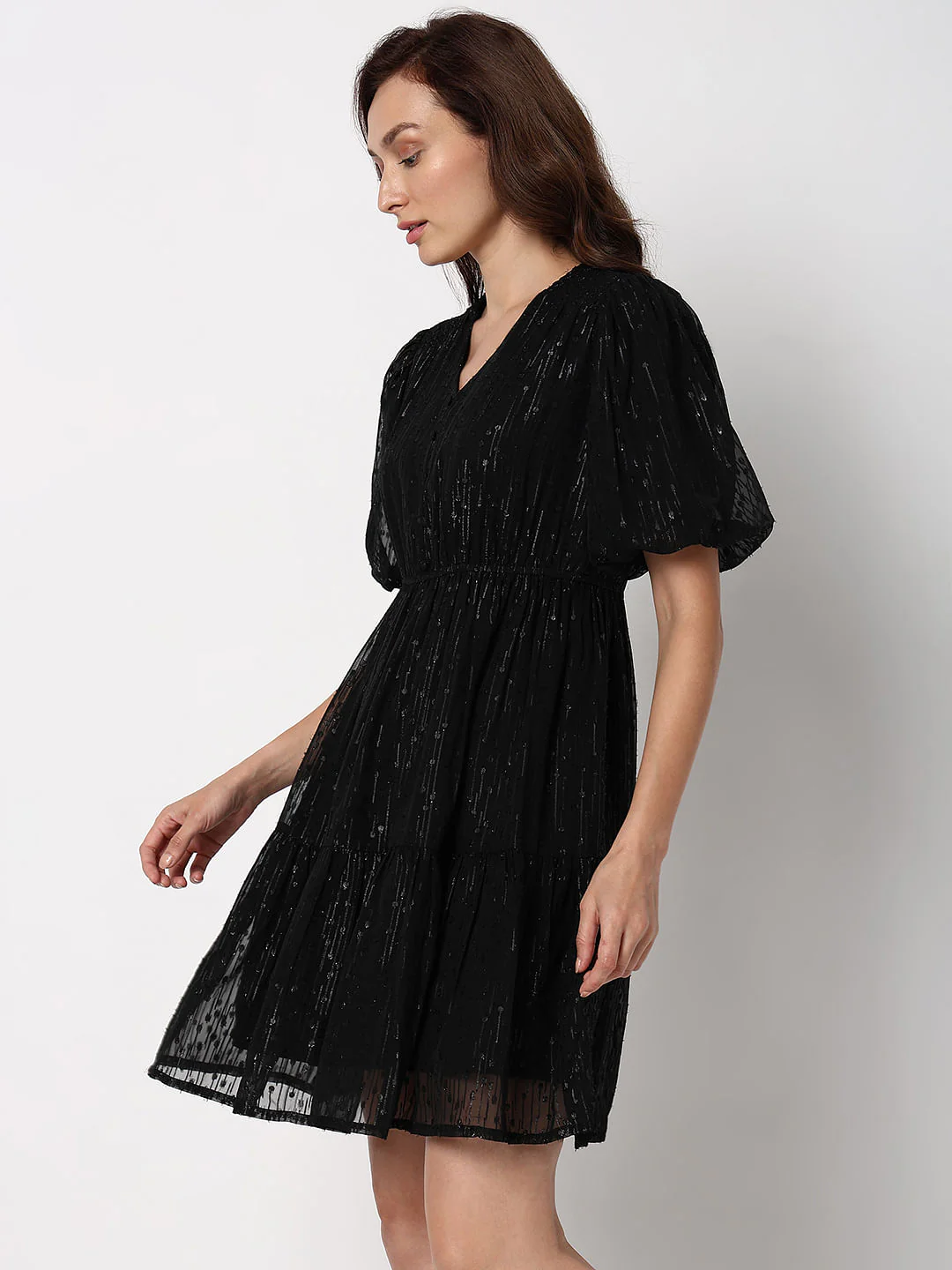 Black Textured Fit & Flare Dress - Image 3