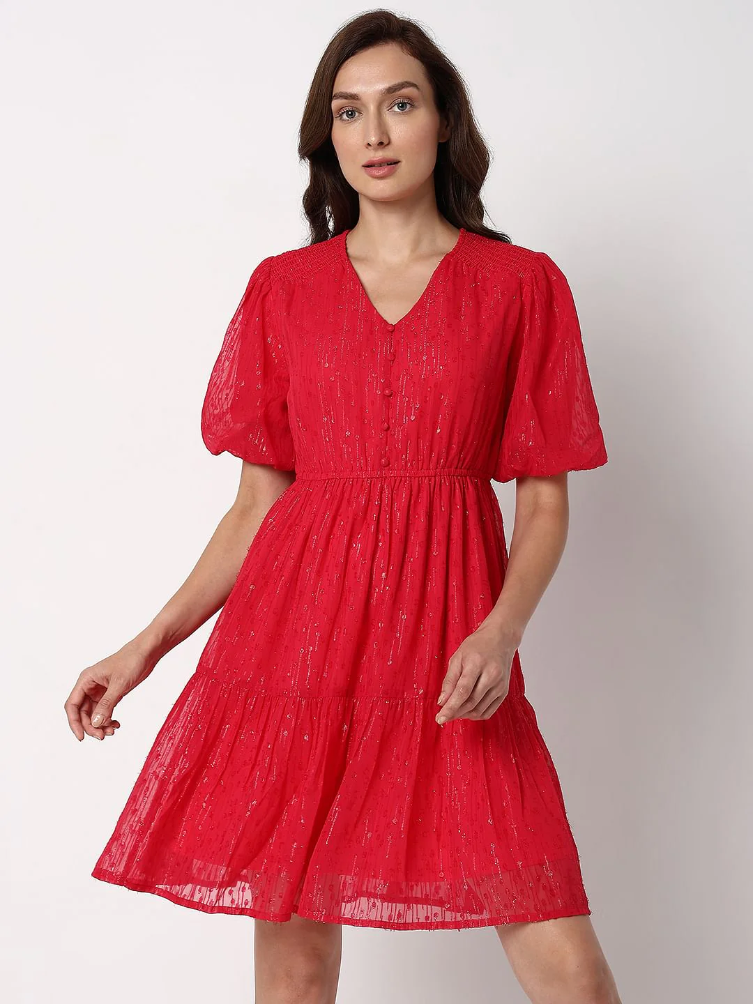 Pink Textured Fit & Flare Dress - Image 2