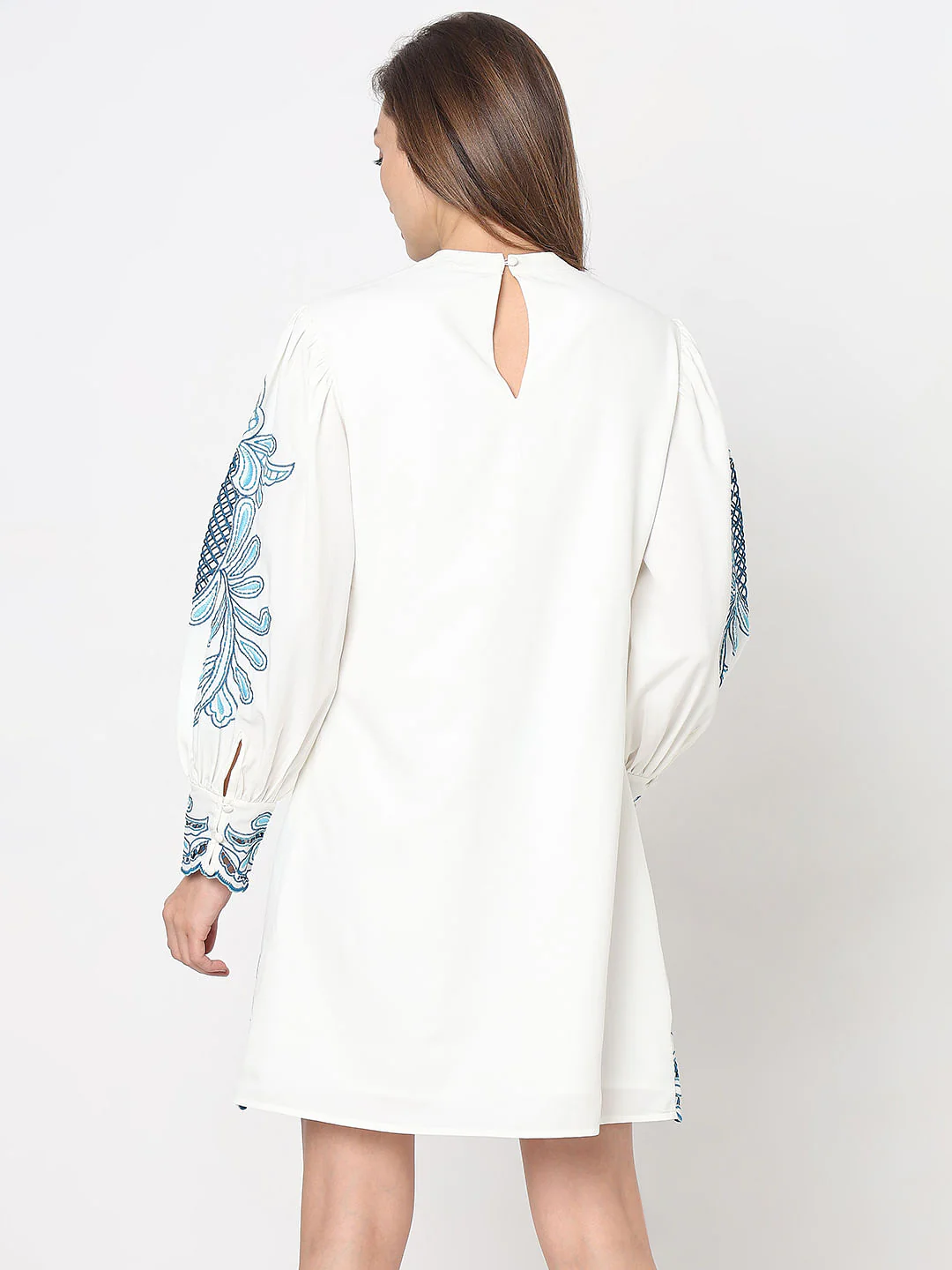Blue & White Embroidered Shift Dress - Image 4