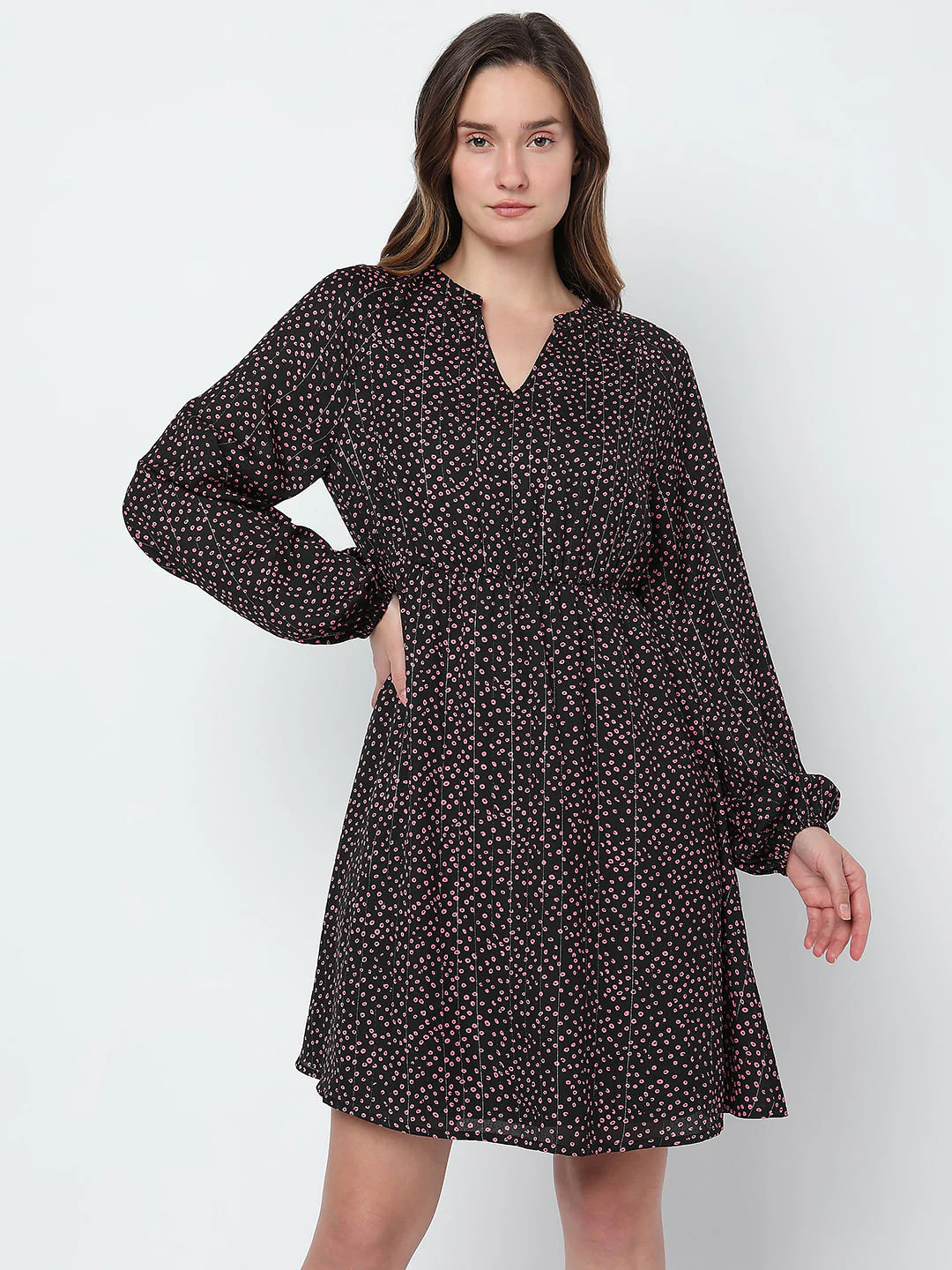Black Ditsy Printed Fit & Flare Dress - Image 2