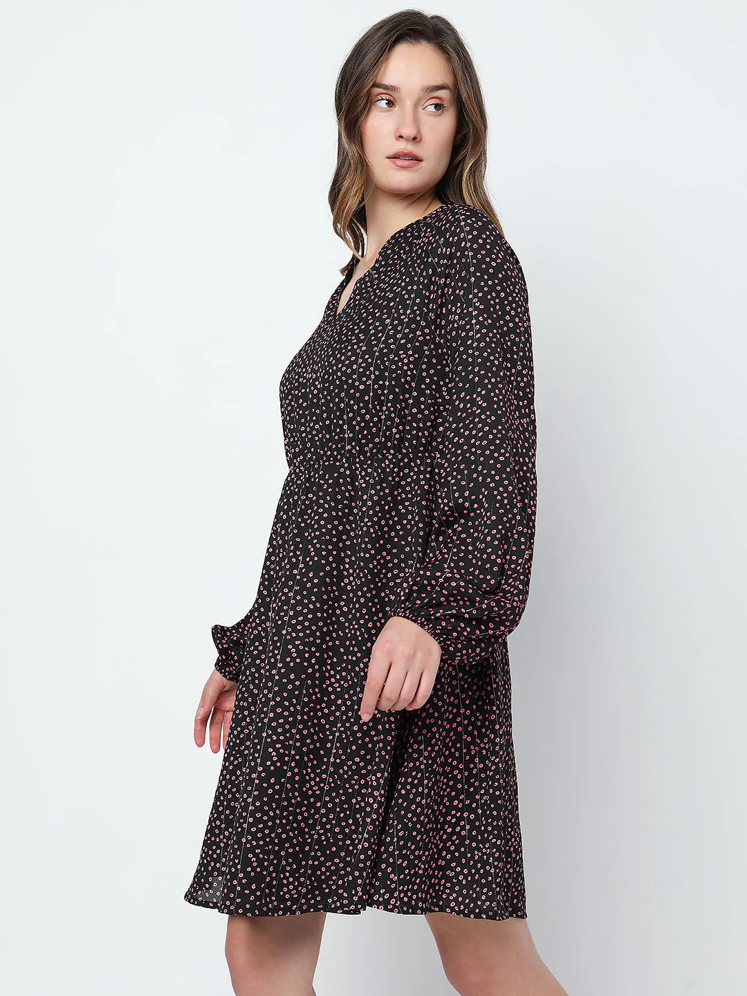 Black Ditsy Printed Fit & Flare Dress - Image 3
