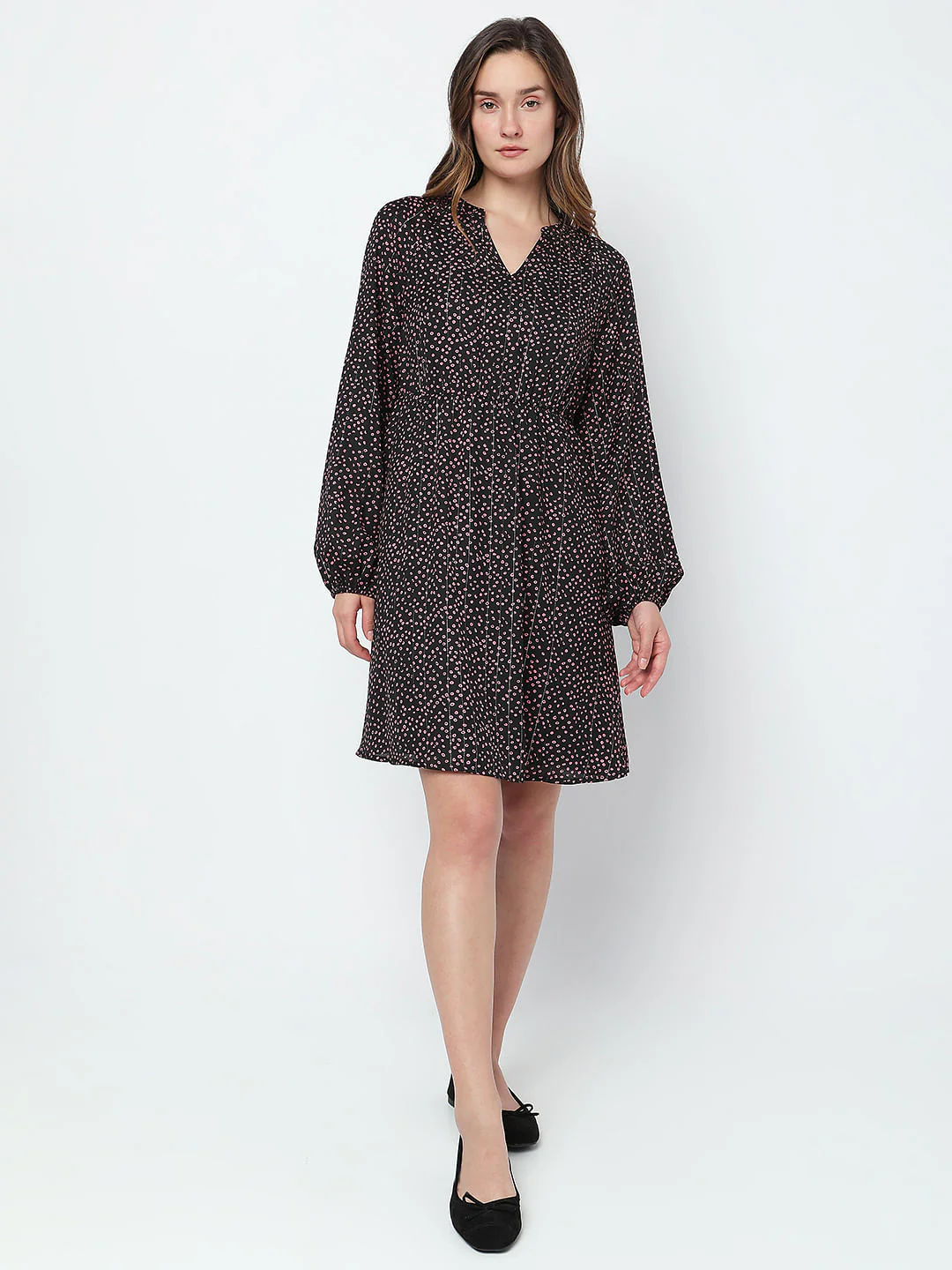 Black Ditsy Printed Fit & Flare Dress - Image 5