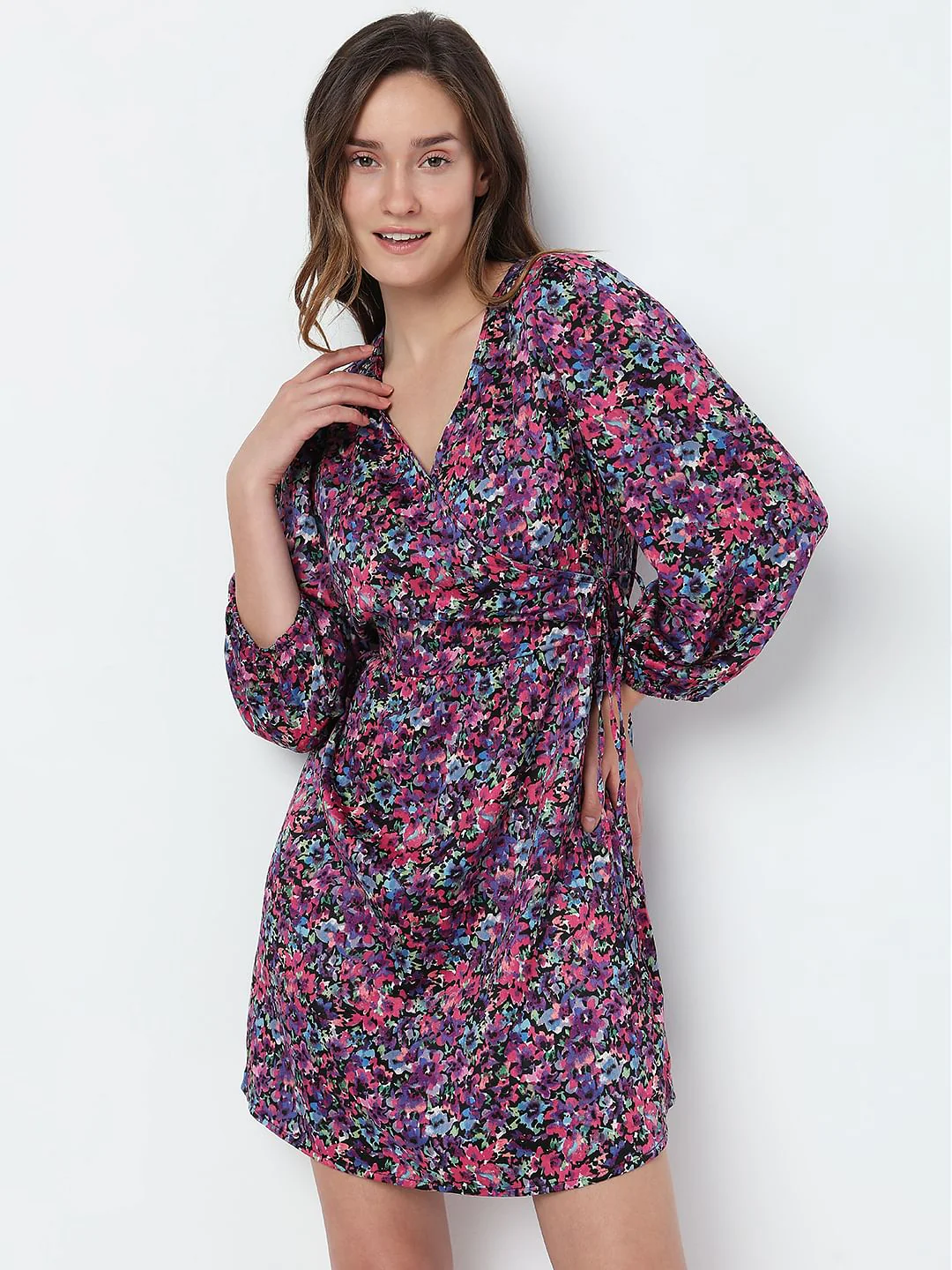 Black Floral Mock-Wrap Mini Dress - Image 2