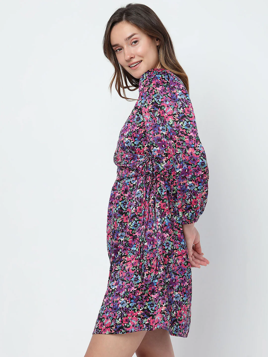 Black Floral Mock-Wrap Mini Dress - Image 3