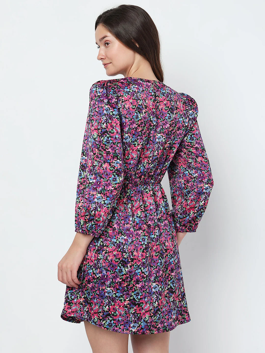 Black Floral Mock-Wrap Mini Dress - Image 4