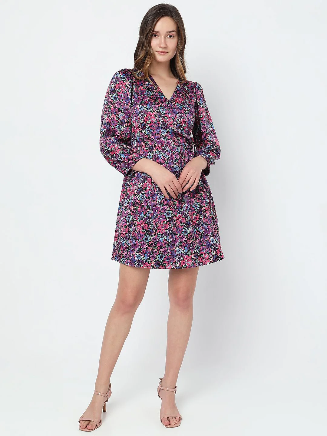 Black Floral Mock-Wrap Mini Dress - Image 5