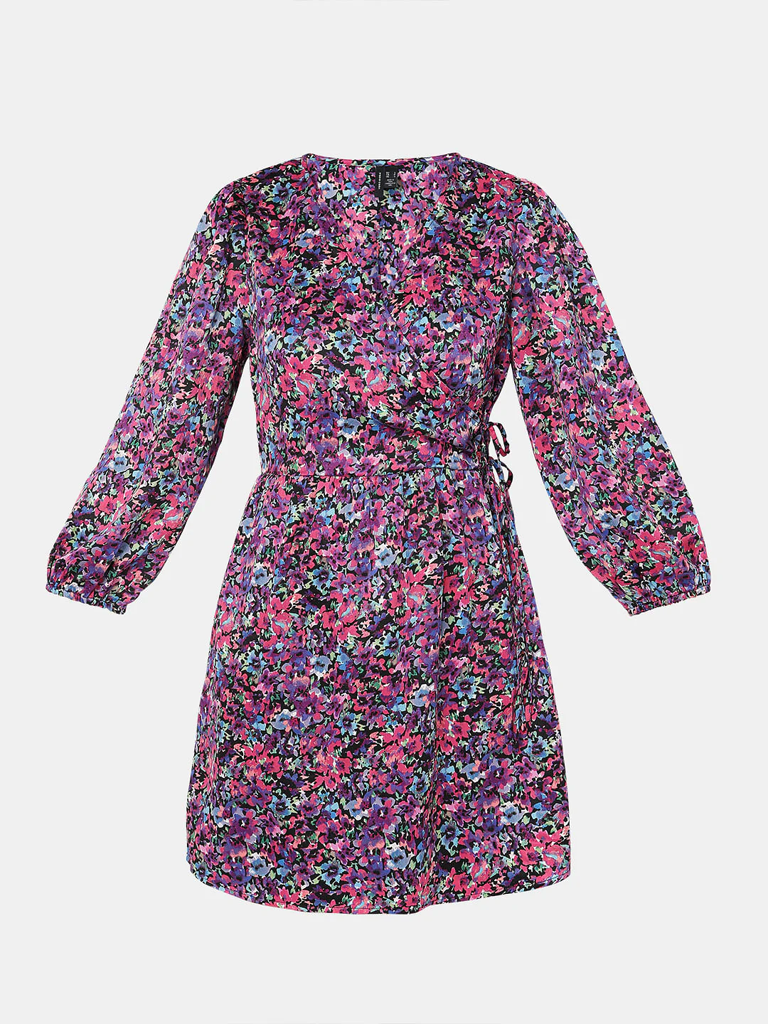 Black Floral Mock-Wrap Mini Dress - Image 7