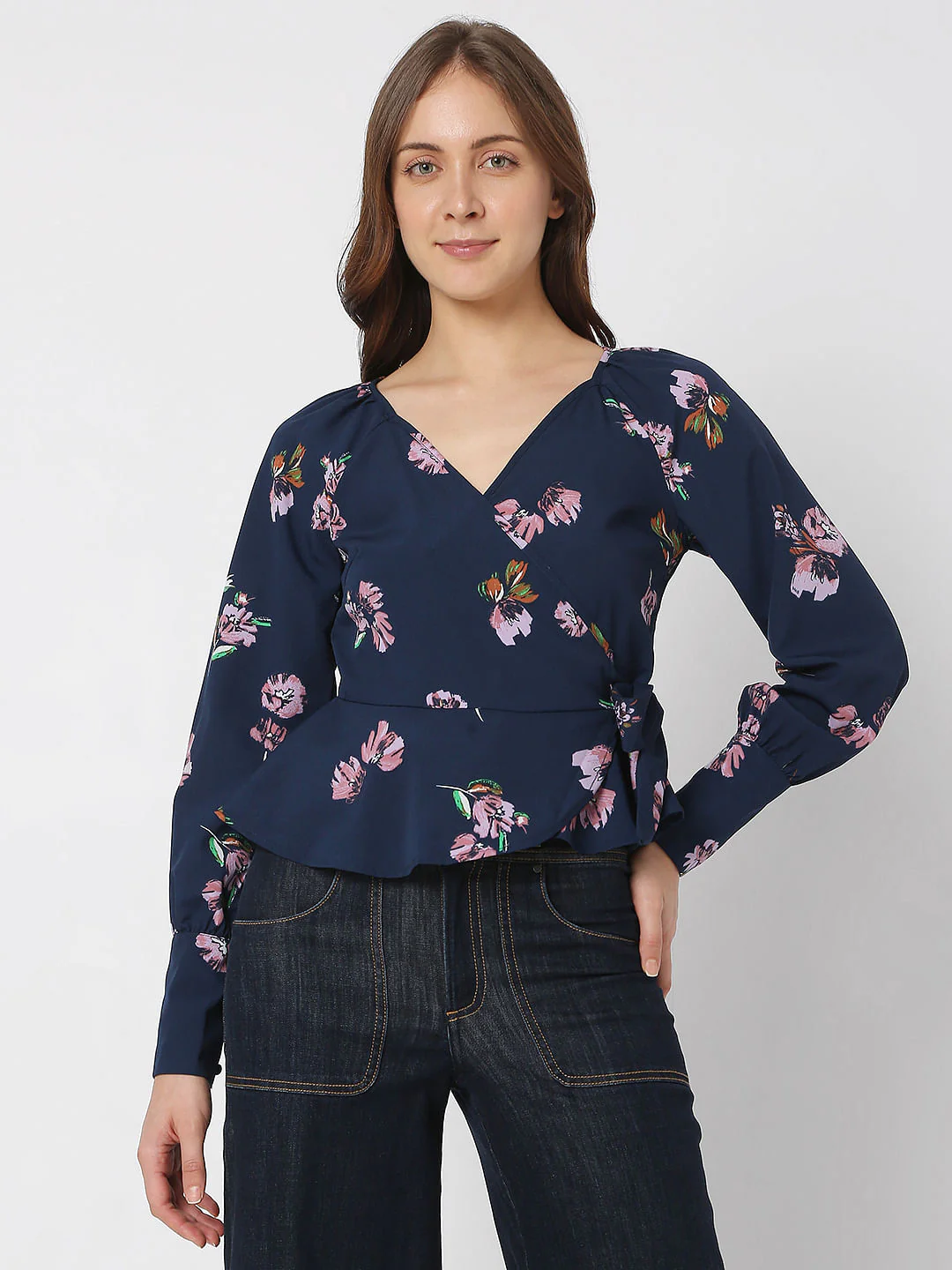 Navy Blue Floral Wrap Top - Image 2