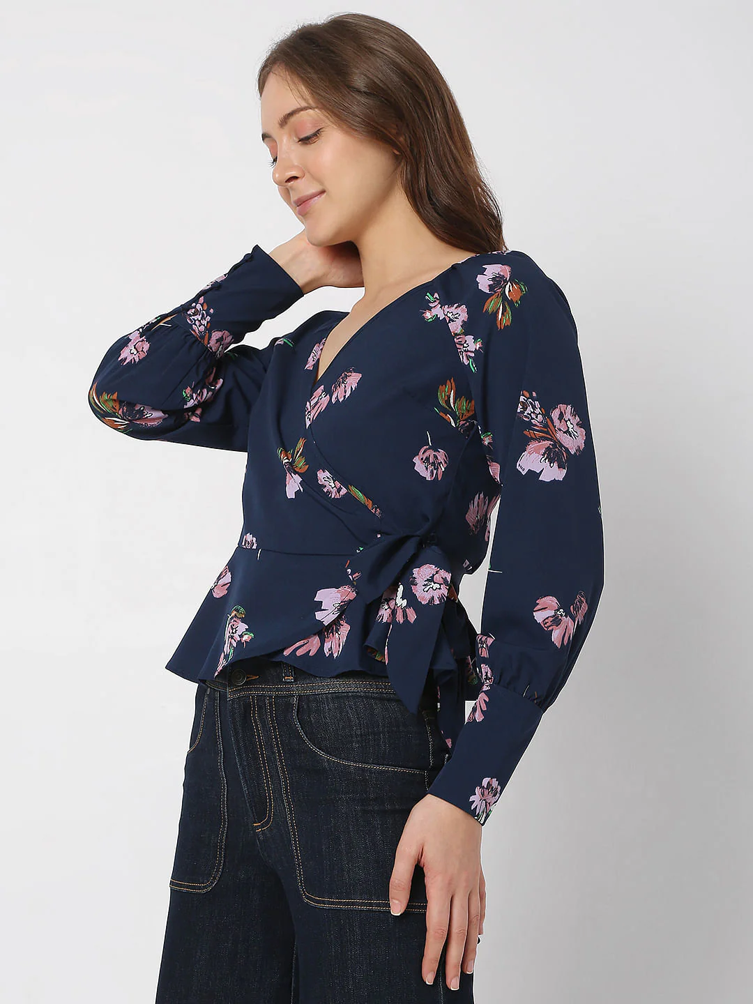 Navy Blue Floral Wrap Top - Image 3