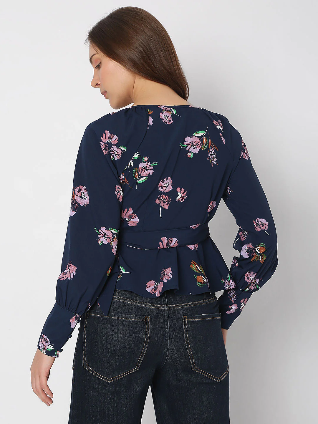 Navy Blue Floral Wrap Top - Image 4