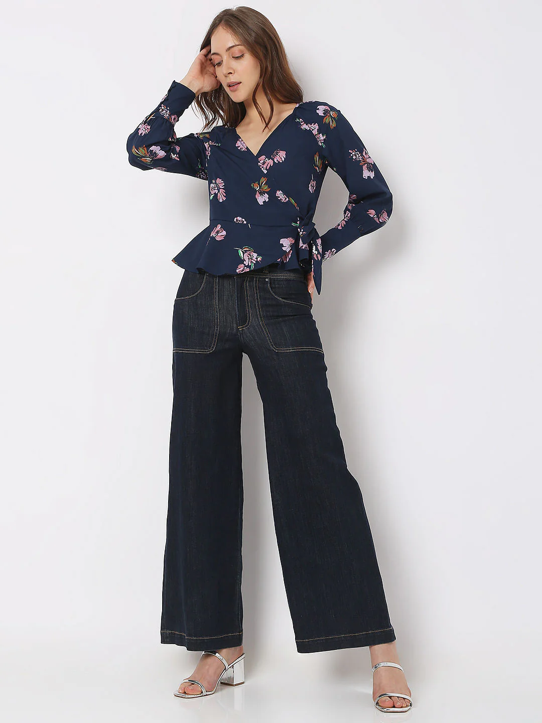 Navy Blue Floral Wrap Top - Image 5