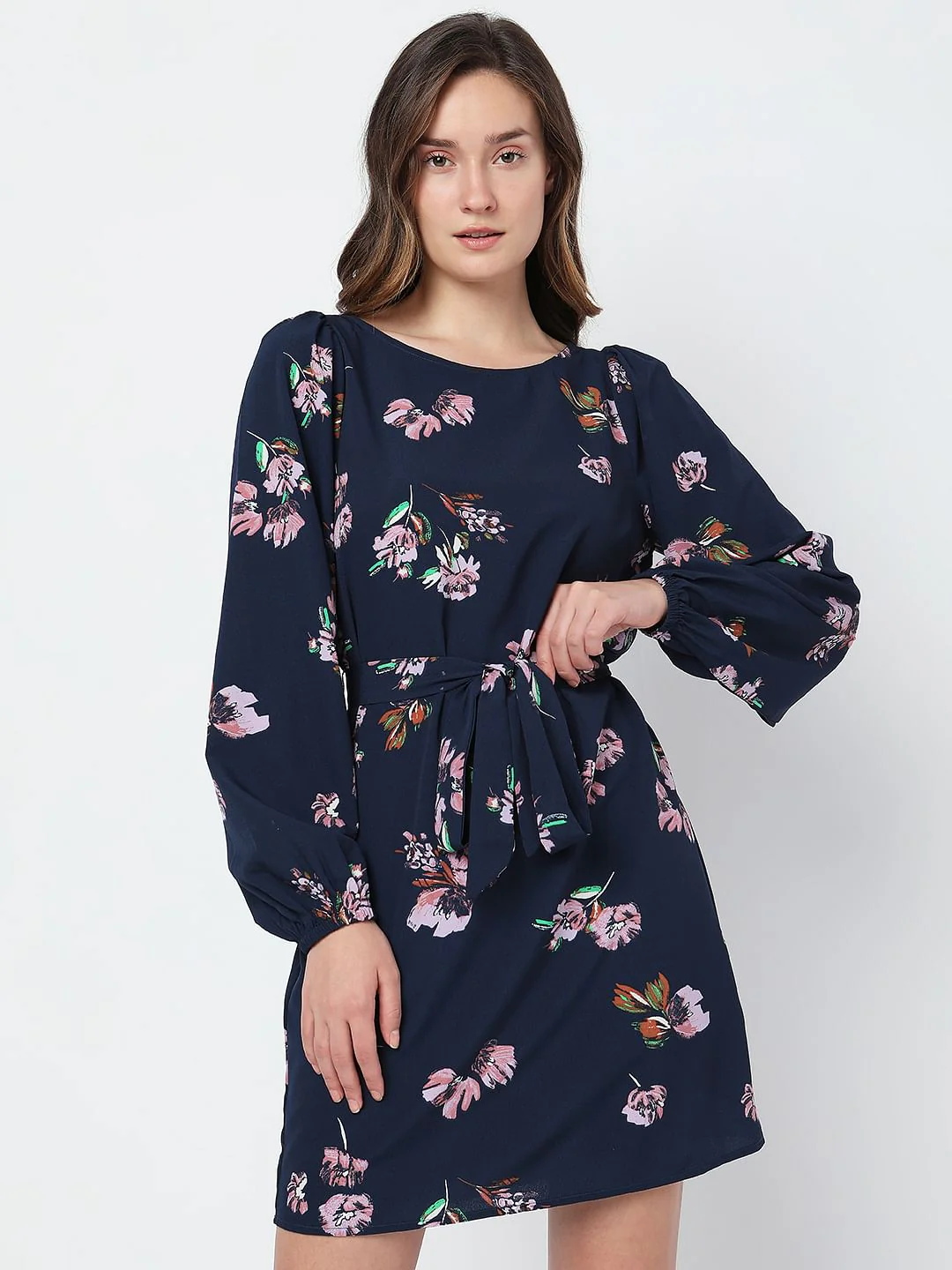 Navy Blue Floral Tie-Up Mini Dress - Image 2