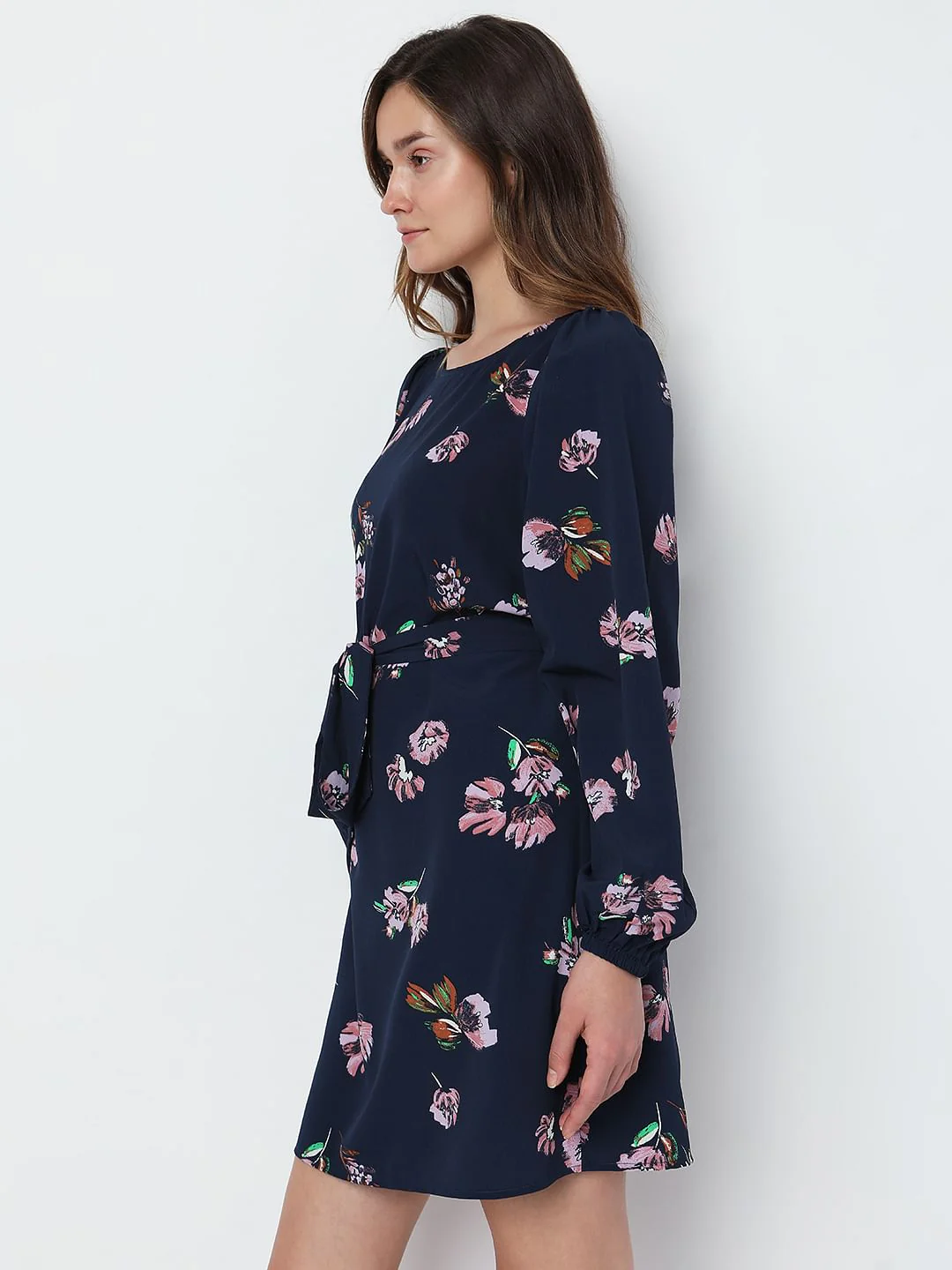 Navy Blue Floral Tie-Up Mini Dress - Image 3