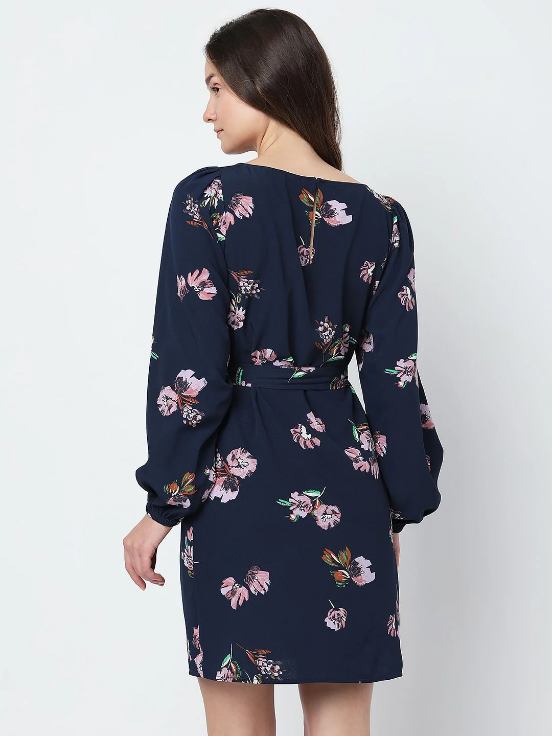 Navy Blue Floral Tie-Up Mini Dress - Image 4