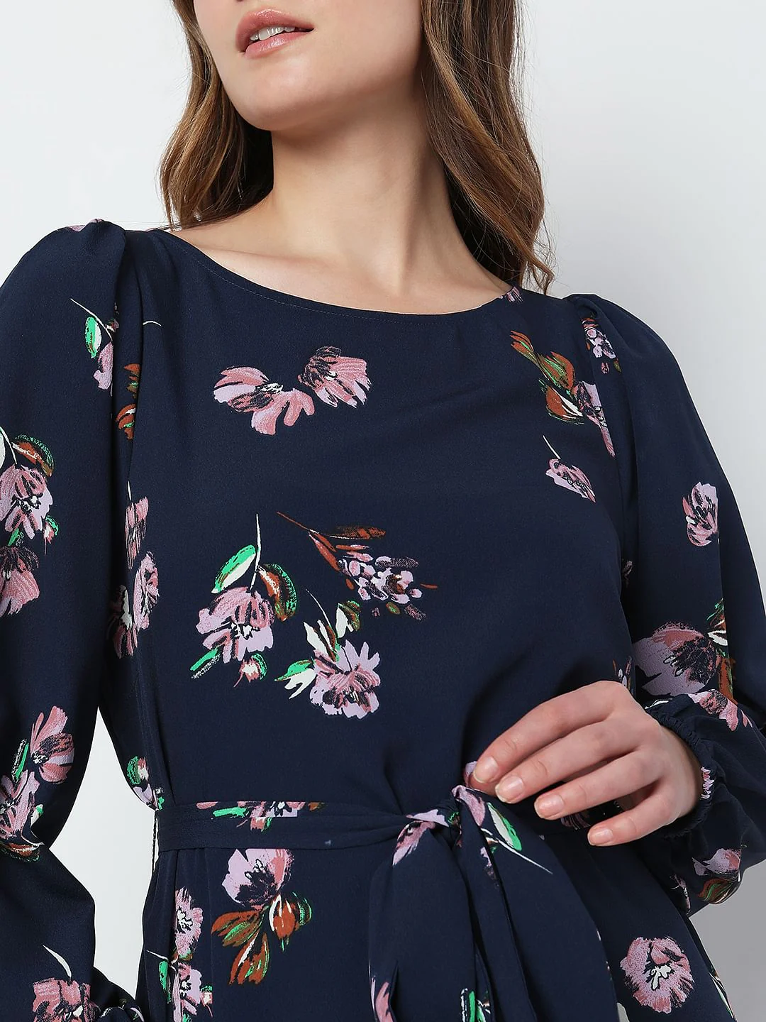 Navy Blue Floral Tie-Up Mini Dress - Image 6