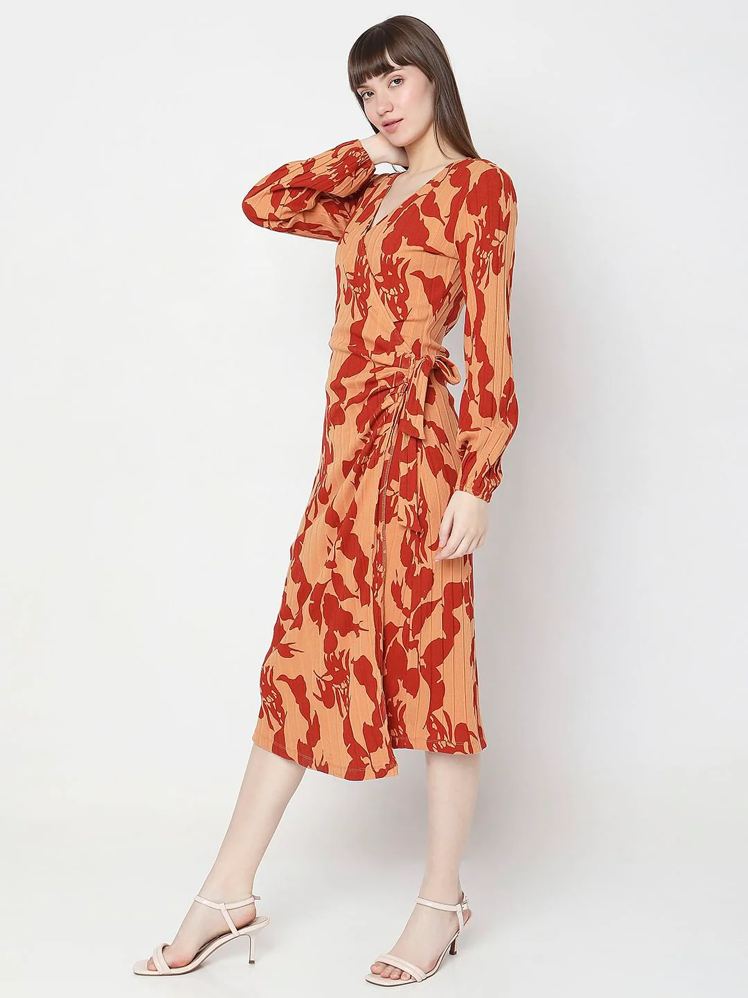 Brown Floral Wrap Bodycon Dress - Image 3