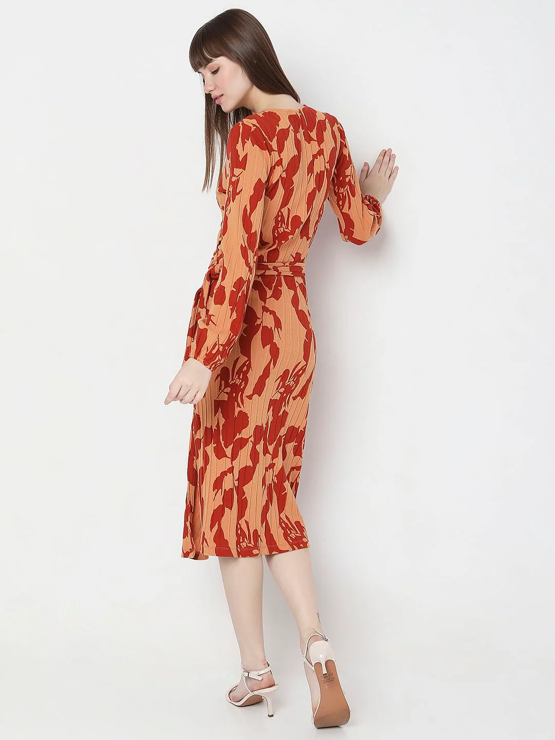 Brown Floral Wrap Bodycon Dress - Image 4