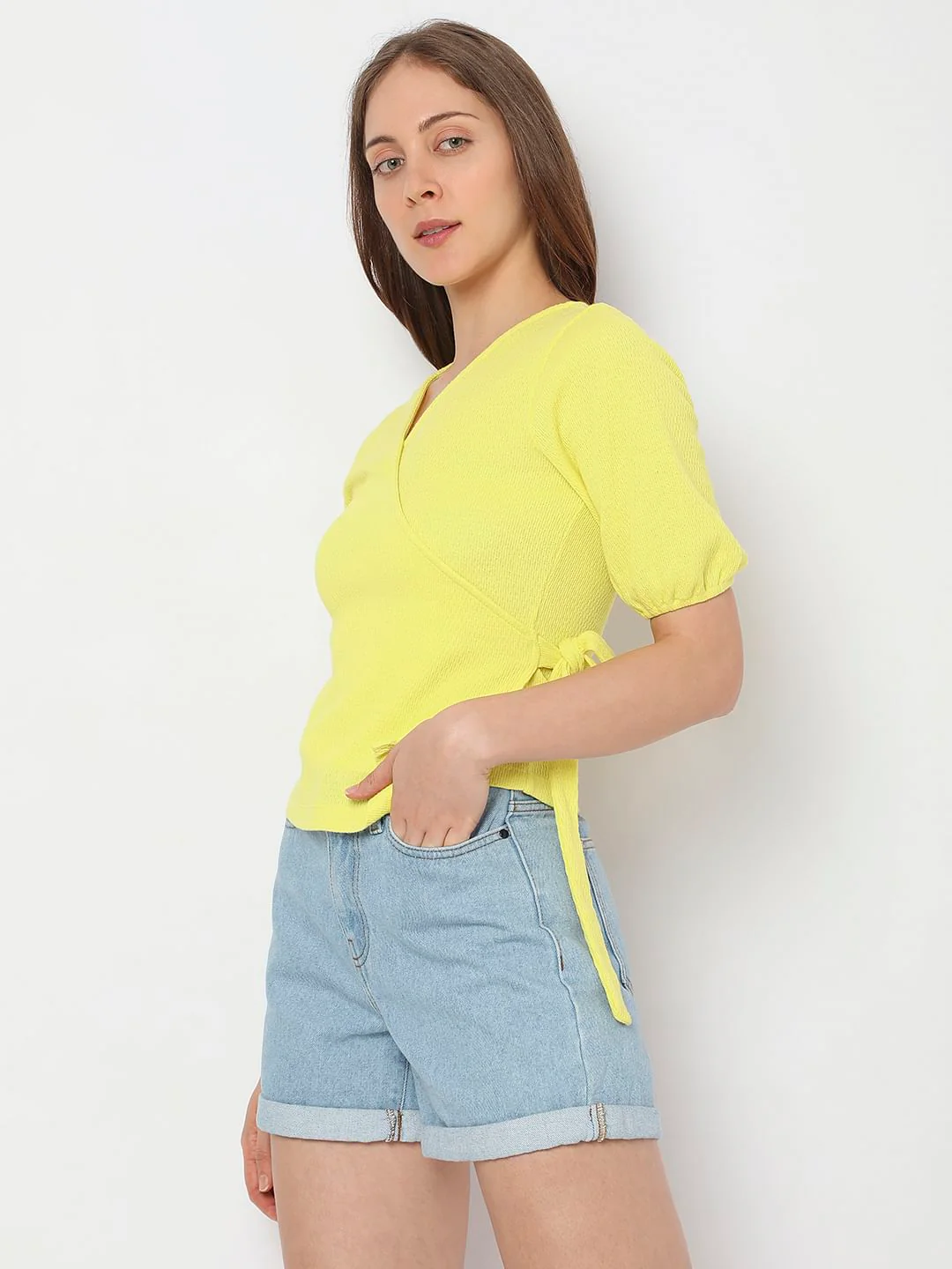 Yellow Textured Wrap Top - Image 3
